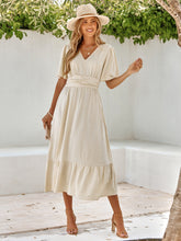 Women's dress summer new V-neck ruffle sleeves solid color