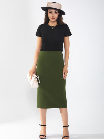 Women's midi skirt is fashionable and stylish, wrinkle free, with elastic pockets for office environment