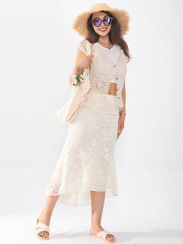 Ladies' midi skirt with lace hollow out, classic and fashionable for going on vacation