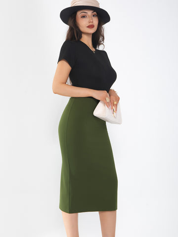 Women's midi skirt is fashionable and stylish, wrinkle free, with elastic pockets for office environment