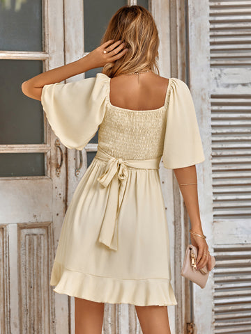Women's summer V-neck solid color waist cinching dress