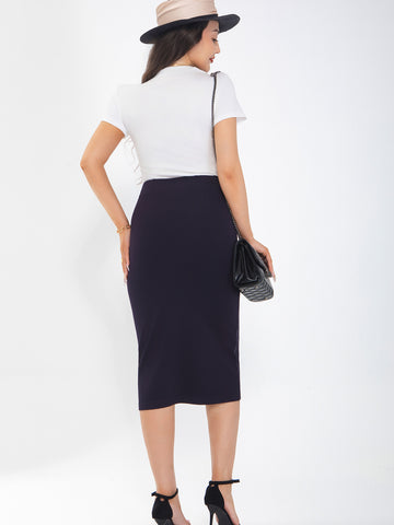 Women's midi skirt is fashionable and stylish, wrinkle free, with elastic pockets for office environment