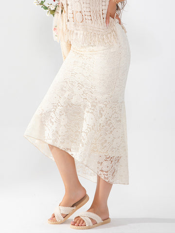 Ladies' midi skirt with lace hollow out, classic and fashionable for going on vacation