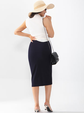 Women's midi skirt is fashionable and stylish, wrinkle free, with elastic pockets for office environment