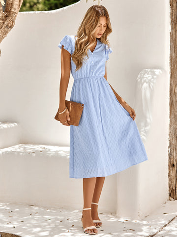 Women's summer V-neck solid color waist cinching dress