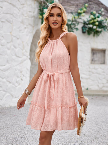 Women's dress casual vacation hanging neck sleeveless waist tie