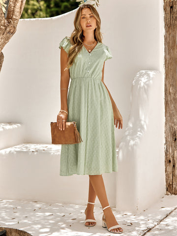 Women's summer V-neck solid color waist cinching dress