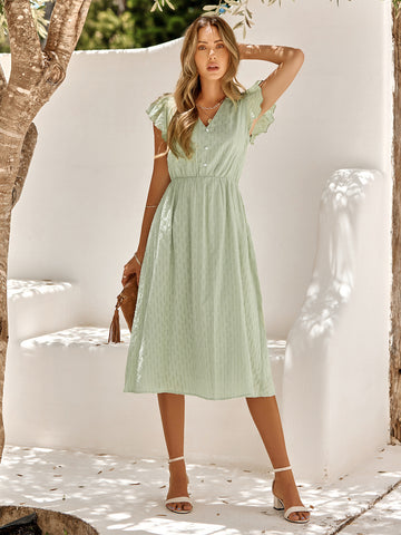 Women's summer V-neck solid color waist cinching dress