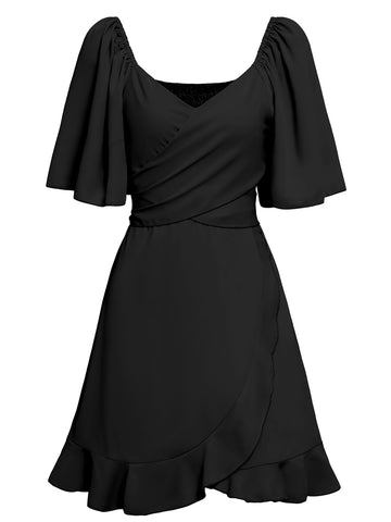 Women's summer V-neck solid color waist cinching dress
