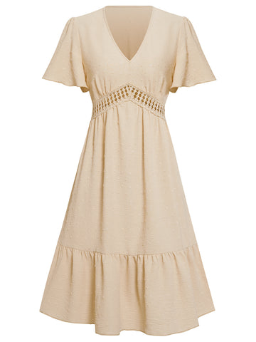 Women's summer V-neck solid color waist cinching dress