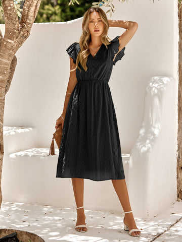 Women's summer V-neck solid color waist cinching dress