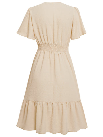 Women's summer V-neck solid color waist cinching dress