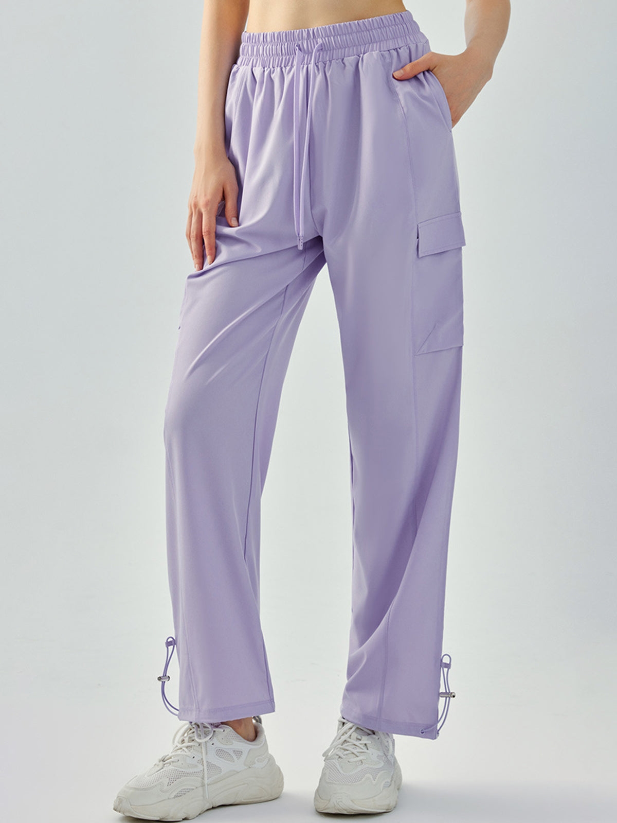 Women's pants high waisted loose straight tube drawstring pocket for sports and leisure, outdoor hiking and mountaineering