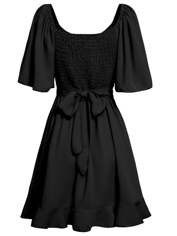 Women's summer V-neck solid color waist cinching dress