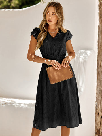 Women's summer V-neck solid color waist cinching dress