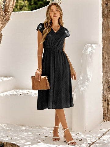 Women's summer V-neck solid color waist cinching dress