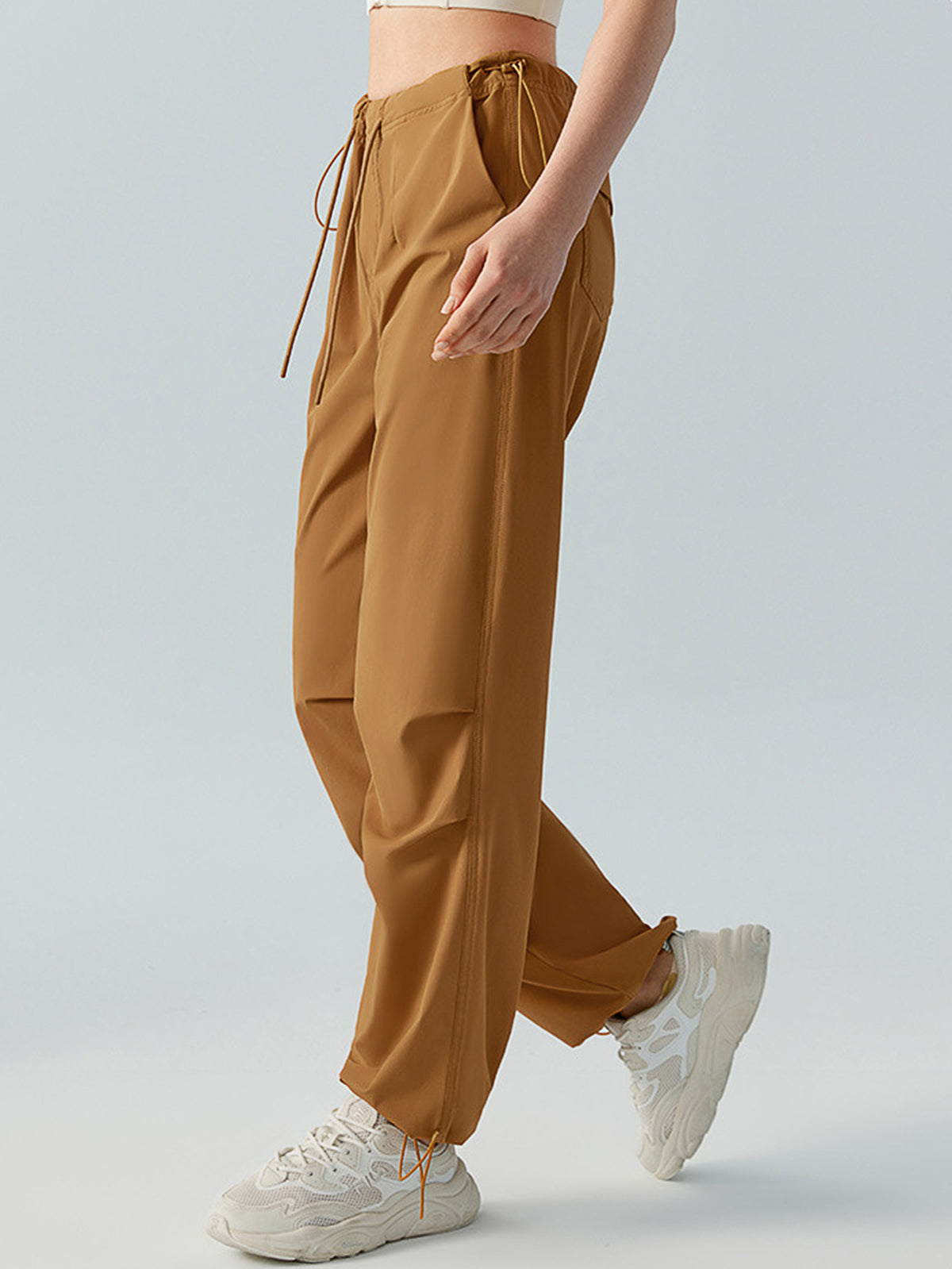 Women's long pants with sun protection, high waisted, loose fitting straight leg work pants, drawstring pockets for sports and leisure