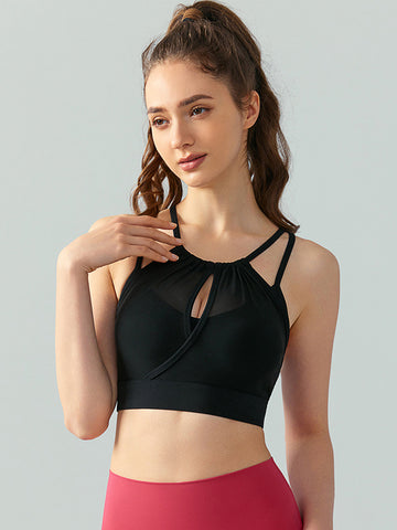 Women's vest, camisole, exercise, fitness, yoga, hanging neck, mesh, hollow out, fake two-piece bra