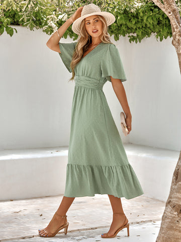 Women's dress summer new V-neck ruffle sleeves solid color