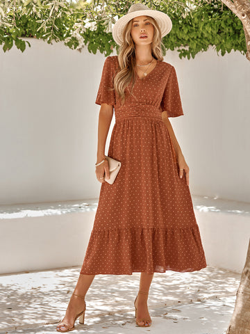 Women's dress summer new V-neck ruffle sleeves solid color