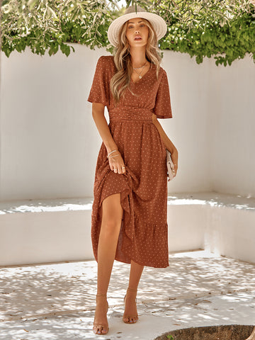 Women's dress summer new V-neck ruffle sleeves solid color