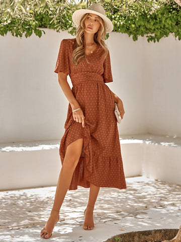 Women's dress summer new V-neck ruffle sleeves solid color