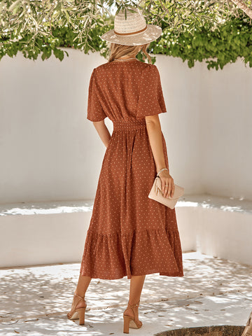 Women's dress summer new V-neck ruffle sleeves solid color