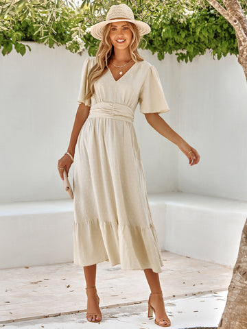 Women's dress summer new V-neck ruffle sleeves solid color