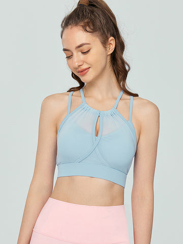 Women's vest, camisole, exercise, fitness, yoga, hanging neck, mesh, hollow out, fake two-piece bra