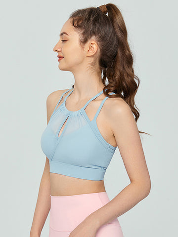 Women's vest, camisole, exercise, fitness, yoga, hanging neck, mesh, hollow out, fake two-piece bra
