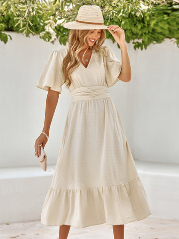 Women's dress summer new V-neck ruffle sleeves solid color