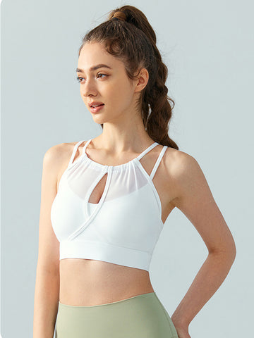 Women's vest, camisole, exercise, fitness, yoga, hanging neck, mesh, hollow out, fake two-piece bra