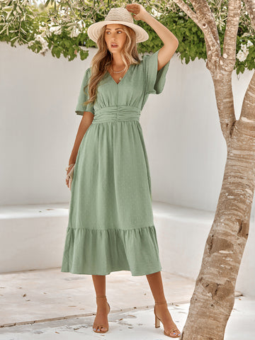Women's dress summer new V-neck ruffle sleeves solid color