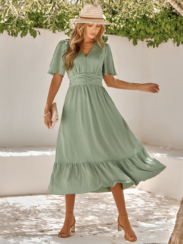 Women's dress summer new V-neck ruffle sleeves solid color