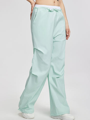 Women's pants high waisted loose straight tube drawstring pocket for sports and leisure, outdoor hiking and mountaineering