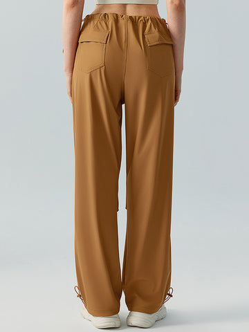 Women's long pants with sun protection, high waisted, loose fitting straight leg work pants, drawstring pockets for sports and leisure
