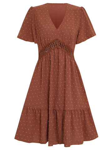 Women's summer V-neck solid color waist cinching dress