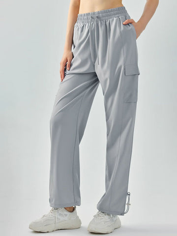 Women's pants high waisted loose straight tube drawstring pocket for sports and leisure, outdoor hiking and mountaineering