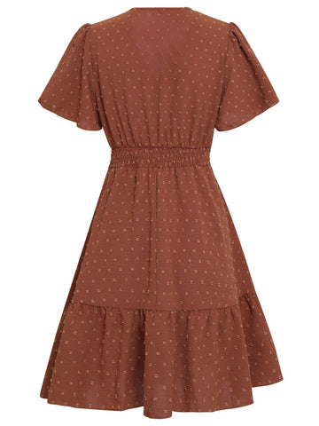Women's summer V-neck solid color waist cinching dress