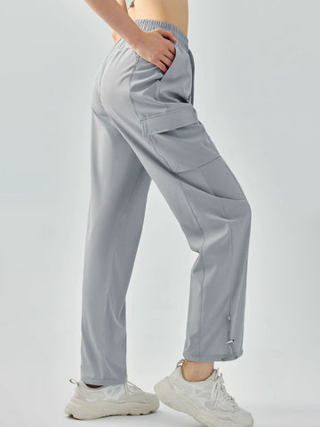 Women's pants high waisted loose straight tube drawstring pocket for sports and leisure, outdoor hiking and mountaineering
