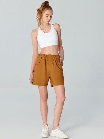 Women's sports shorts with loose drawstring pockets, yoga five quarter pants, outdoor running and fitness cycling pants