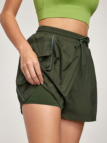 Women's sports shorts with loose drawstring pockets, yoga five quarter pants, outdoor running and fitness cycling pants