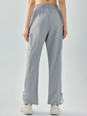 Women's pants high waisted loose straight tube drawstring pocket for sports and leisure, outdoor hiking and mountaineering