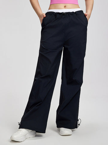 Women's pants high waisted loose straight tube drawstring pocket for sports and leisure, outdoor hiking and mountaineering