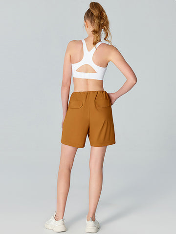 Women's sports shorts with loose drawstring pockets, yoga five quarter pants, outdoor running and fitness cycling pants