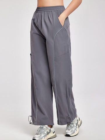 Women's pants high waisted loose straight tube drawstring pocket for sports and leisure, outdoor hiking and mountaineering