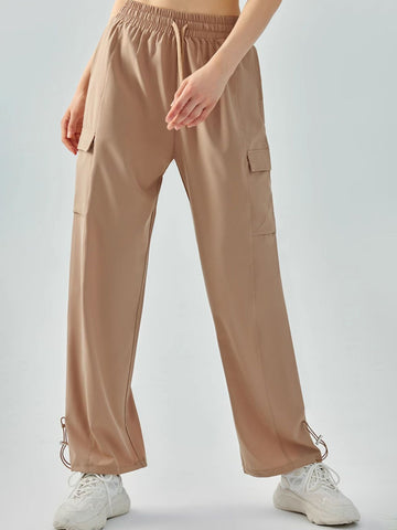 Women's pants high waisted loose straight tube drawstring pocket for sports and leisure, outdoor hiking and mountaineering