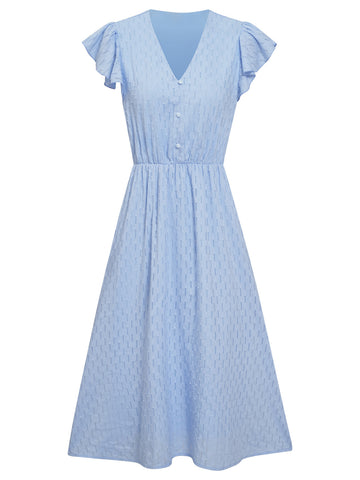 Women's summer V-neck solid color waist cinching dress