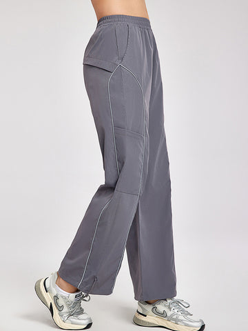 Women's pants high waisted loose straight tube drawstring pocket for sports and leisure, outdoor hiking and mountaineering
