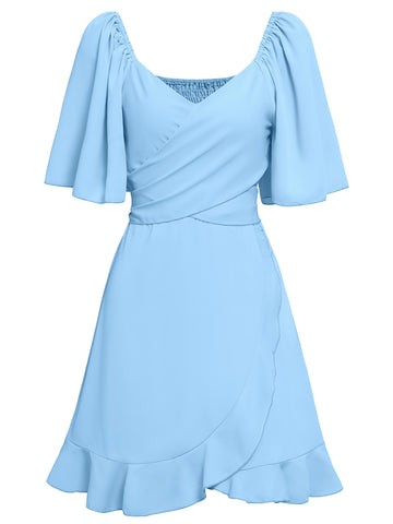 Women's summer V-neck solid color waist cinching dress